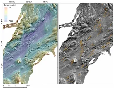 Figure 3.Example of crag-and-tails in a large isolated basin on the inner shelf. The left-hand panel is therelief-shaded image and the right-hand panel shows the mapped landforms (colours are the same as in themain map)