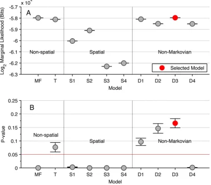 Figure 3. The performance of different models on the fine and large scale. (A) The marginal-likelihood of each model (excepting the nullmodel), calculated from the fine scale dynamics