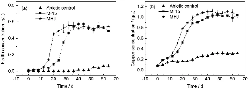 Figure 1. Variations of pH (a) and ORP (b) during chalcopyrite bioleaching. 