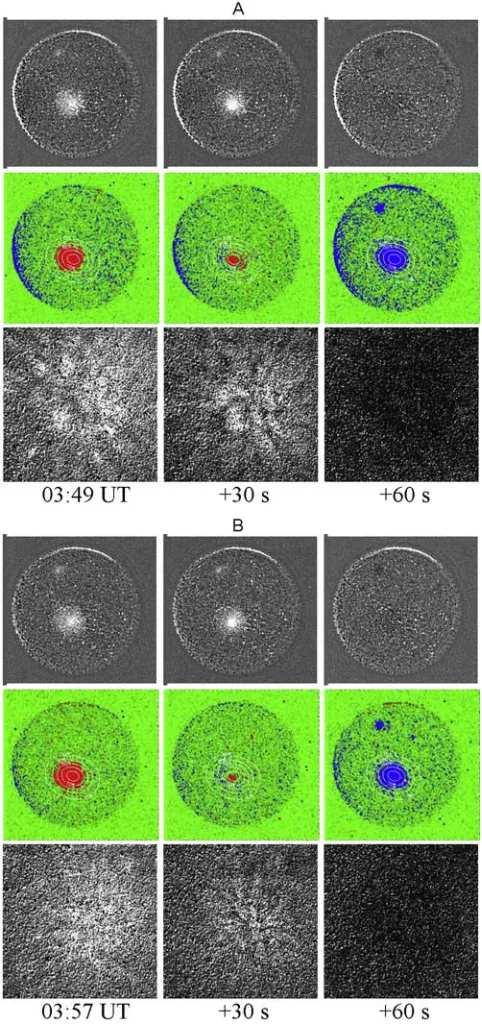 Figure 4.Example 557.7 nm images of the pump beamself-focusing effect for (a) 0349 and (b) 0357 UT