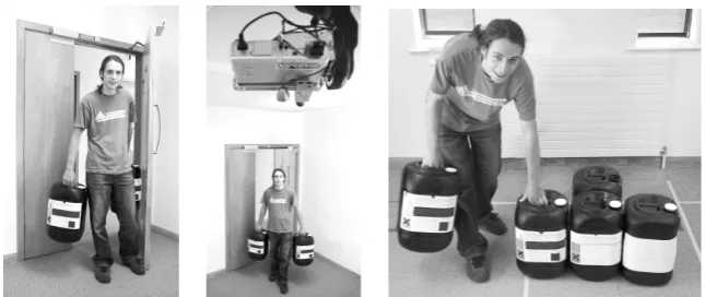 Fig. 5. Left: New objects arrives in environment, Centre: An employee walks with containers, Right: The employee places one object on the floor 
