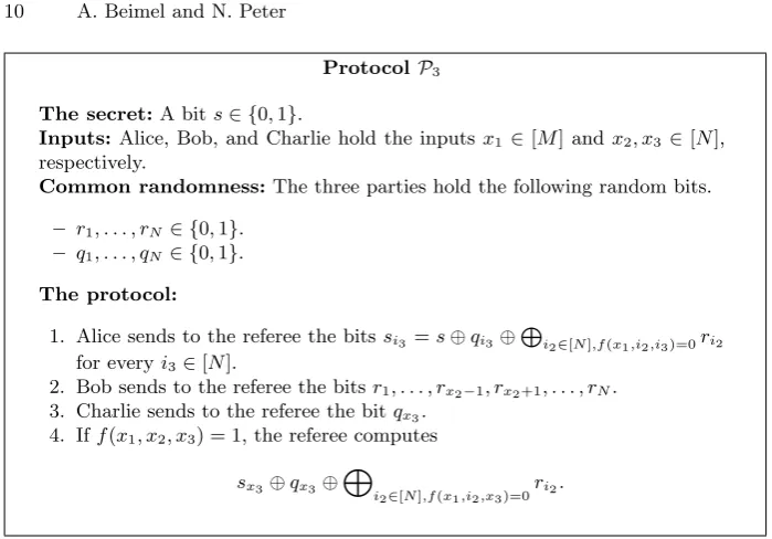 Fig. 1. A linear 3-party CDS protocol P3 for a 3-input function f : [M] × [N] × [N] →{0, 1}.
