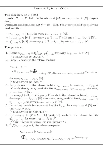 Fig. 2. A linear k-party CDS protocol Pk for a k-input function f : [M] × [N]k−1 →{0, 1}, for an odd k.