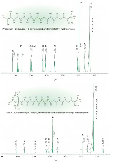 Figure 7. (a) Precursor characterized by 1H-NMR; (b) L-SCA characterized by 1H-NMR.                                         