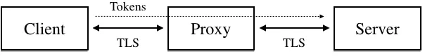 Figure 2: In our token-based authentication model, authentication tokens are passed from client to serveracross one or more proxies, which allow the client to authenticate to the server