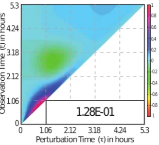 Figure 1. A heatmap of MDFP sensitivity coefficient. The x-axis represents the time � at which perturbation is introduced, while the y-axis represents the observation time t
