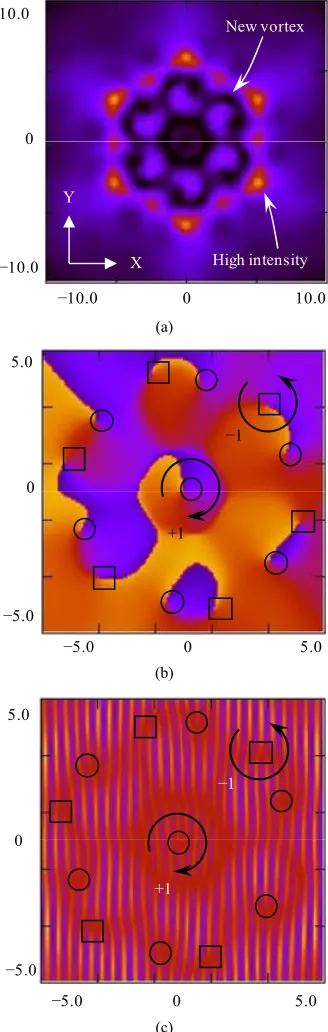 Figure 4. Intensity (a), phasand e (b) and interferogram with a plane wave reference (c) of an optical vortex for N = 1000, Δ = 0.04, Z = 11.0, w0 = 5 μm and λ = 1.5 μm