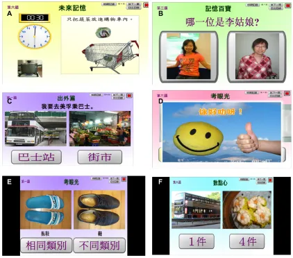 Figure 1 Examples of training scenarios. (A) Prospective memory and dual task training: prospective memory task, such as “switch off the stove after five minutes” while buying vegetables