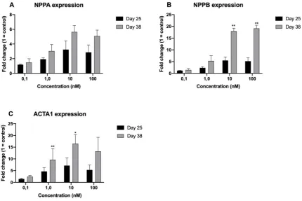 Figure 3. RT-qPCR results. Dose response experiment using CMs cultured to day 25 and day 38