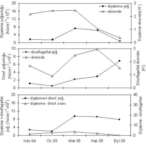 Şekil 4.   D3. istasyonunda diyatome ve dinoflagellatların yoğunluk ve diversite değerleri ile diya- diya-tome: dinoflagellat oranları