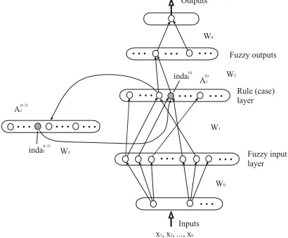 Figure 6.  An EFuNN architecture with a short term memory and feedback connections (adapted from [10,11,46]) 