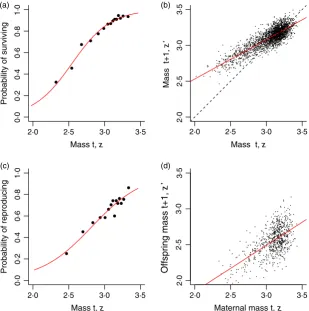Fig. 2. The main mass-dependent demo-graphic processes in the Soay sheep lifecycle, as a function of current size, z in yeart