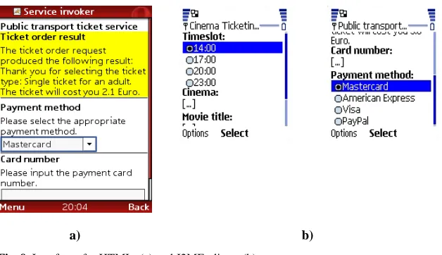 Fig. 9. Interfaces for HTML- (a) and J2ME-clients (b) 