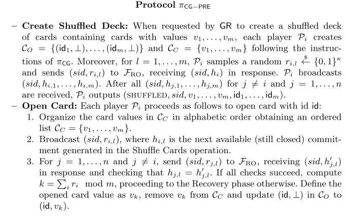 Fig. 12. Protocol πCG−PRE (only phases that diﬀer from Protocol πCG are described).