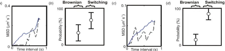 Figure 6. Inferring a sudden change in diffusion coefficient. (a) MSD relation for a single track simulated assuming Brownian diffusion (black) and the mean average of 20 such tracks (blue) for which the diffusion coefficient D switches from 0.01to 0.10 µ