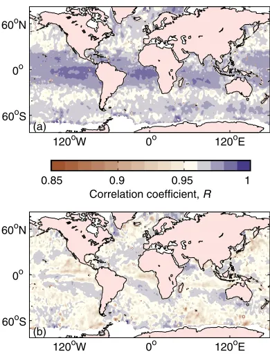 Figure 5.Global maps of cell-by-cell Pearson’s correla-tion coefﬁcient R for U10 and (a) W10, and (b) W37