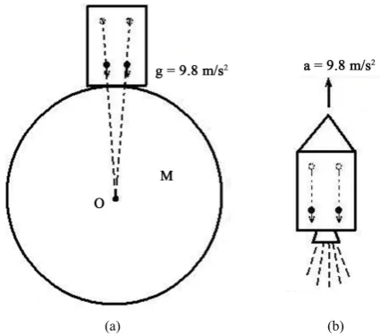 Figure 3. The difference of trajectories in free falling (a), and in the acceleration (b)