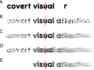 Figure 5. A proposed explanation: Short lines guide attentionto the uncrowded span. (A) Crowding is easily demonstrated.Fixating on the red line, most of the characters in the word ‘‘visual’’ canbe identified, while those in the adjacent word ‘‘covert’’ (s