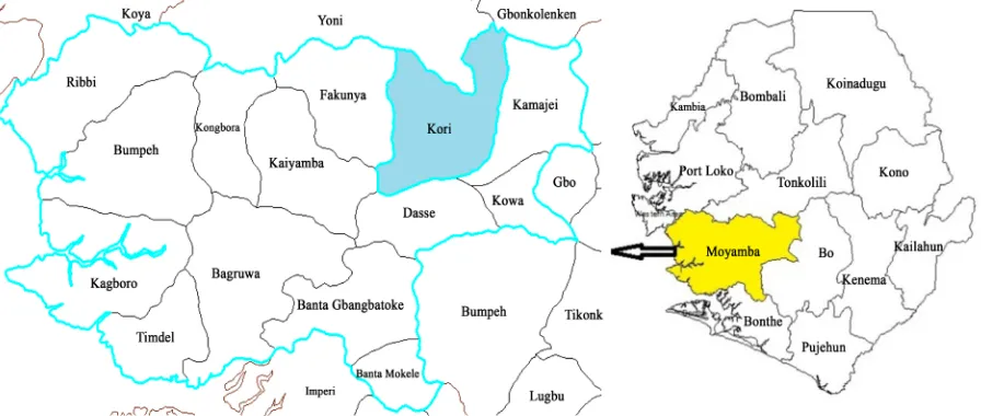 Figure 1. Map of Sierra Leone showing Moyamba district (highlighted yellow) and Kori chiefdom (highlighted blue)