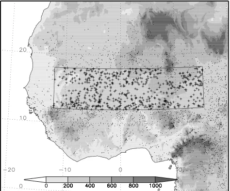 Figure 1.Topographic height (m) across the 4E domain.symbols indicate initiations within the Sahel subdomain(12Dots denote convective initiations (see text) and “plus”–18°N, 12°W–15°E) analyzed later.