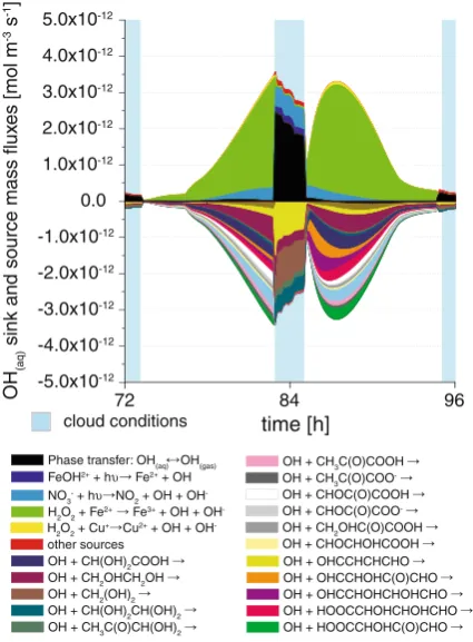 Fig. 2 Modelled chemical sink and source mass fluxes of OH in aqueous phase (mol m−3(air) s−1) for thefourth day of modelling time for the urban scenario