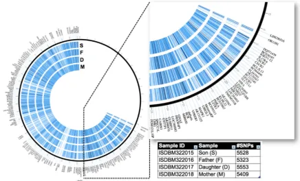 Figure 3. Genetic variant visualization on circus plot using circosVCF [8]. All genetic variants of human chromosome 21 were visualized based on the familial whole genome data from Corpas et al.[9], Which included data from a couple and their two children