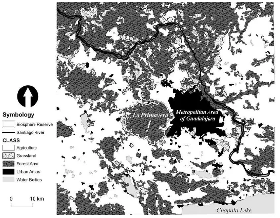 Figure 1. Study area showing La Primavera and the Metropolitan Area of Guadalajara. Land use and vegetation types grouped into broad classes based on INEGI, 2010b