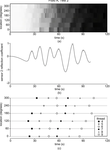 Figure 8: Analysis steps, (a) Intensity map, (b) peak detection and (c) fluid penetration mapping
