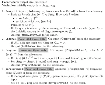 Fig. 10: The global random-oracle functionalities Grestricted observability, restricted programming, and combined restricted ob-servability and programming, respectively