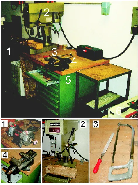 Figure 2.1: The wood workshop (top) with closeups of (1) grinder, (2) drill,(3) ﬁle and saw, (4) vise, and (5) cabinet with drawers.
