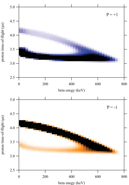 Figure 7. Monte Carlo simulation of the aCORN wishbone on aandhighly polarized neutron beam for two spin ﬂip states Pup (Top) Pdown (Bottom).