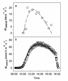 Figure 1. Variability in isoprene IE at 1000 µmol m-2 s-1 and 30 ºC leaf temperature 