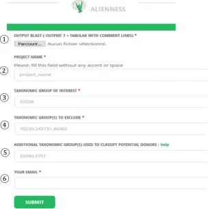 Figure 2. Graphical interface of Alienness to upload BLAST results and input the different parameters (detailed one by one below)