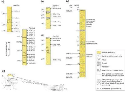 Fig. 1.  Stratigraphical information and associated chronologies for selected sand ramps: (a) Dale Lake (after Rendell et al., 1994, Fig
