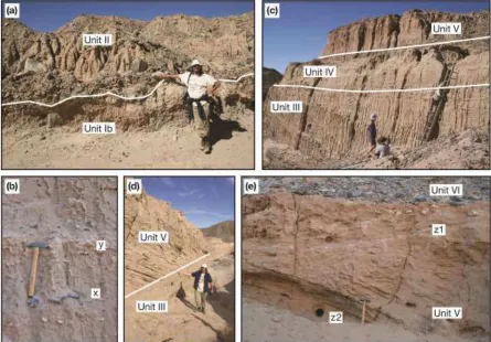 Fig. 5.  associated with some of the bedding planes (z1), the overlying coarse material on the surface of the sand ramp (unit VI) and the location of luminescence sample points (z2).Sedimentological characteristics of units within the Soldier Mountain Sand