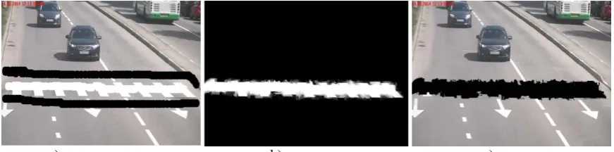 Fig. 8.  Stages of segmentation of a zebra: a) marking of an object and background on the first shot, b) an alpha the channel of the image, c) the allocated object 