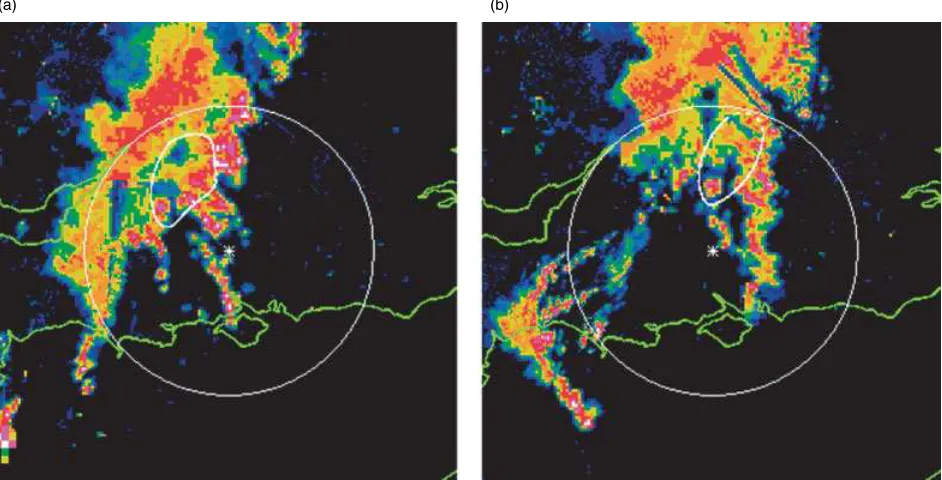 Figure 1. Rain echo pattern in southern England and Wales, obtained from the operational weather radar network at (a) 0945 and (b) 1045 UTC,24 June 2005