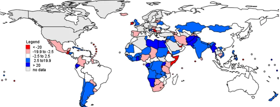 Figure 3. The differences between coverage for third dose of DTP containing vaccine for 2012 computed using number of surviving infants estimated by UNPD and national immunization programmes