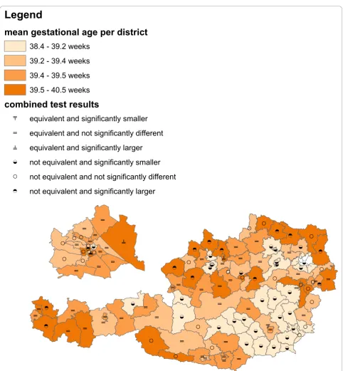 Figure 3 Gestational age in Austria 2008. Different colours refer to different mean gestational ages (in weeks), different symbols refer todifferent results of a difference/equivalence test combination ("6 combined scenarios”).