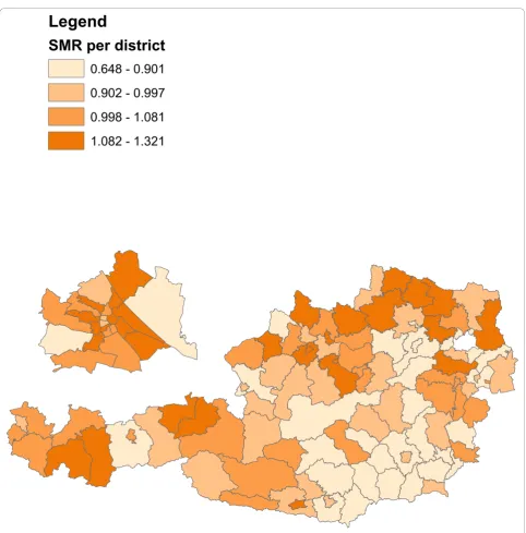 Figure 4 SMR’s of infant mortality in Austria 1984-2007. Different colours refer to different SMR’s.