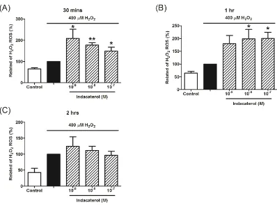 Figure 4. The effects of indacaterol on H2O2-induced ROS production in THP-1 cells. Indacaterol could not significantly reduce H2O2-induced ROS production in THP-1 cells at 30-minute (A), but significantly enhanced H2O2-induced ROS production at 1-hour (B)