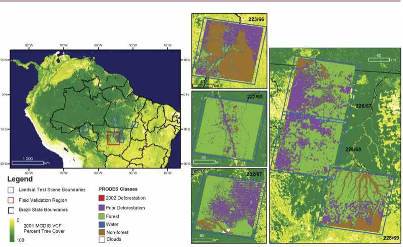 Figure 1. Location of Landsat test scenes and field validation area within the Bra-zilian Amazon