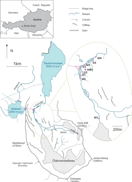 Fig. 1. Map of the Eisboden river catchment showing locations of the eight water temperature monitoring sites and the AWS.