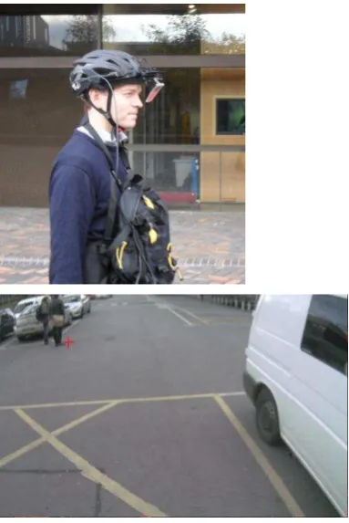 Figure 1. Eye-tracking apparatus and an example of the record – the red cross indicates fixation