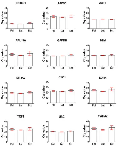 Figure 1. Expression levels of the 12 reference genes evaluated as shown by their Cq values in 12 fallopian tube samples