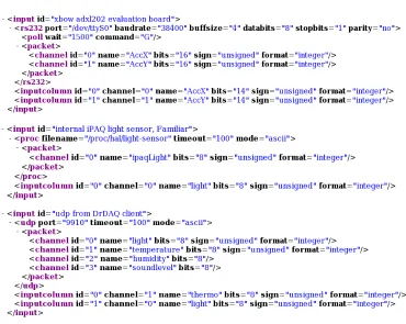 Figure 1. Some examples of the XML format used for expressing how and from where sensor data needs to be acquired
