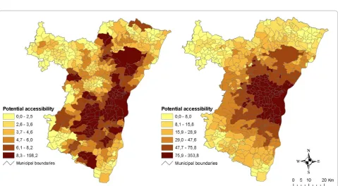 Figure 7 Maps of potential accessibility to hyper/supermarkets for residents (left) and commuters (right)