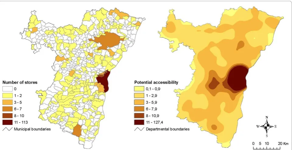 Figure 4 Maps of number of grocery stores (left) and potential accessibility surface (right)