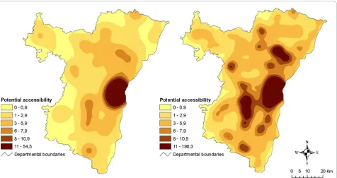 Figure 5 Potential accessibility surfaces for hyper/supermarkets (left) and bakeries (right)