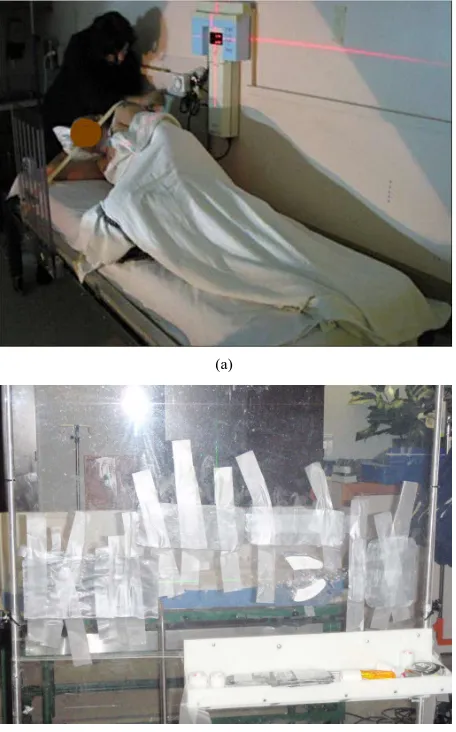 Figure 1. TBI setup: (a) Patient’s position; (b) Lung block and compensators.  